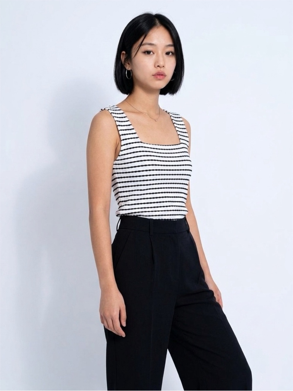 Perceptions White and Black Striped Square-Neck Tank